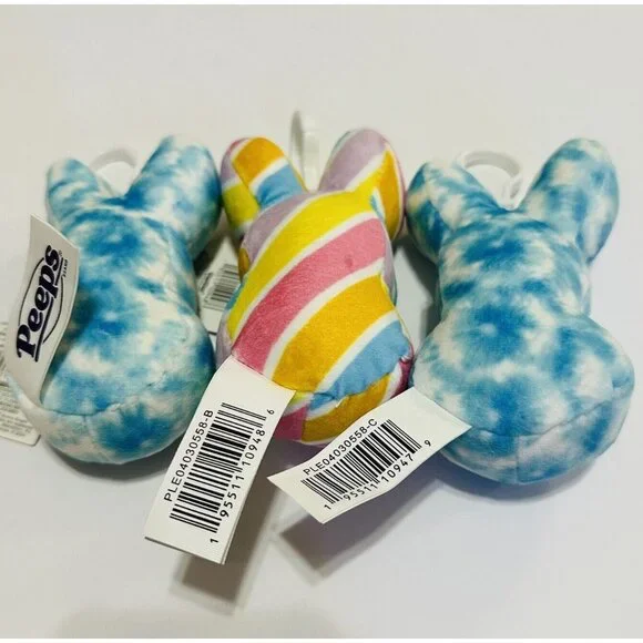 PEEPS Plush Easter Bunny 4" Backpack Bag Clip Stripes & Tiedye Keychain Lot Of 3 - Picture 5 of 5